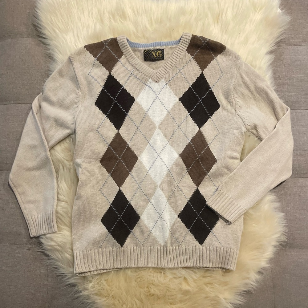 Vintage Argyle Crewneck Sweater - Beige, Brown, and Black